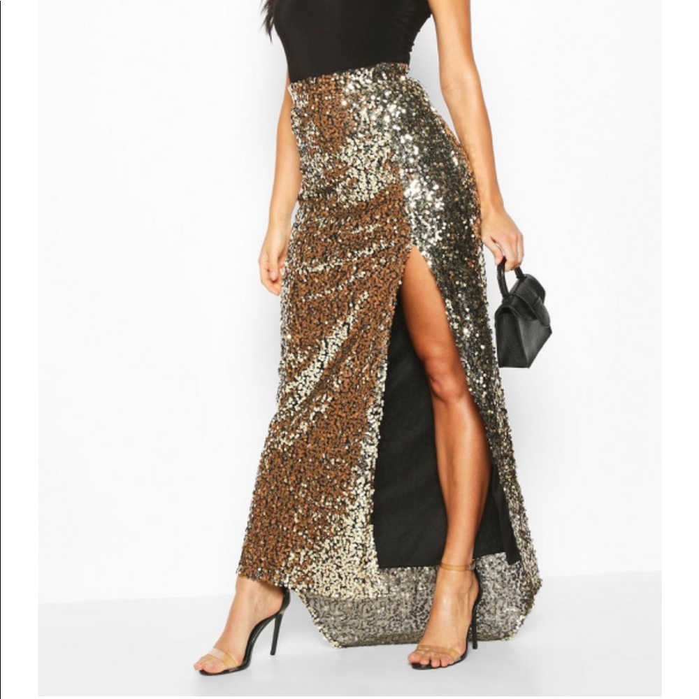 🆕Gold sequin maxi skirt w/slit&train elasticwaist